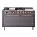 ILVE Nostalgie II 60-Inch Propane Gas Dual Fuel Range with 7 Burners, Griddle, & French Top with Solid Door Oven in Matte Graphite with Copper Trim (UP60FSQNMPMGPLP)
