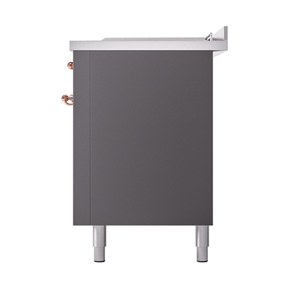 Matte graphite side panel on a range with copper-trimmed edges and adjustable legs