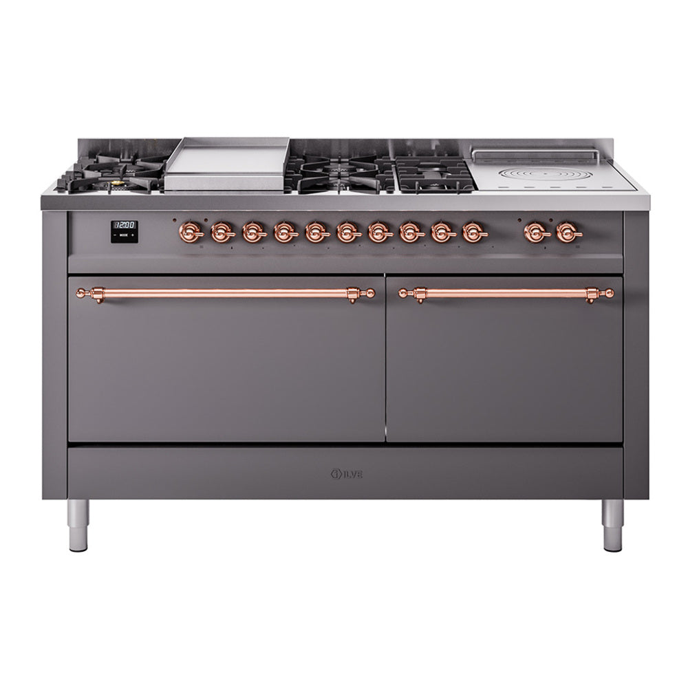 Matte graphite dual-fuel range with copper trim, multiple gas burners, griddle, and French top