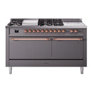 ILVE Nostalgie II 60-Inch Natural Gas Dual Fuel Range with 7 Burners, Griddle, & French Top with Solid Door Oven in Matte Graphite with Copper Trim (UP60FSQNMPMGP)
