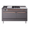 ILVE Nostalgie II 60-Inch Natural Gas Dual Fuel Range with 7 Burners, Griddle, & French Top with Solid Door Oven in Matte Graphite with Copper Trim (UP60FSQNMPMGP)