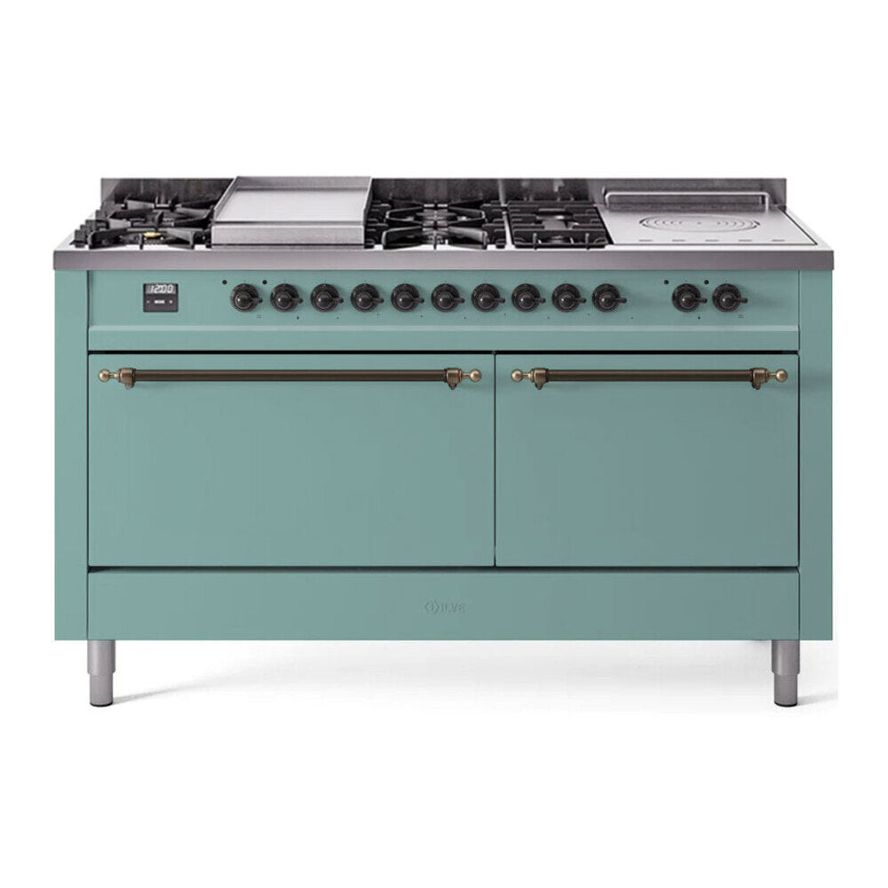 ILVE Nostalgie II 60-Inch Natural Gas Dual Fuel Range with 7 Burners, Griddle, & French Top with Solid Door Oven in Mediterranean Mint with Burnished Bronze Trim (UP60FSQNMPMMB)