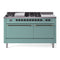 ILVE Nostalgie II 60-Inch Natural Gas Dual Fuel Range with 7 Burners, Griddle, & French Top with Solid Door Oven in Mediterranean Mint with Burnished Bronze Trim (UP60FSQNMPMMB)