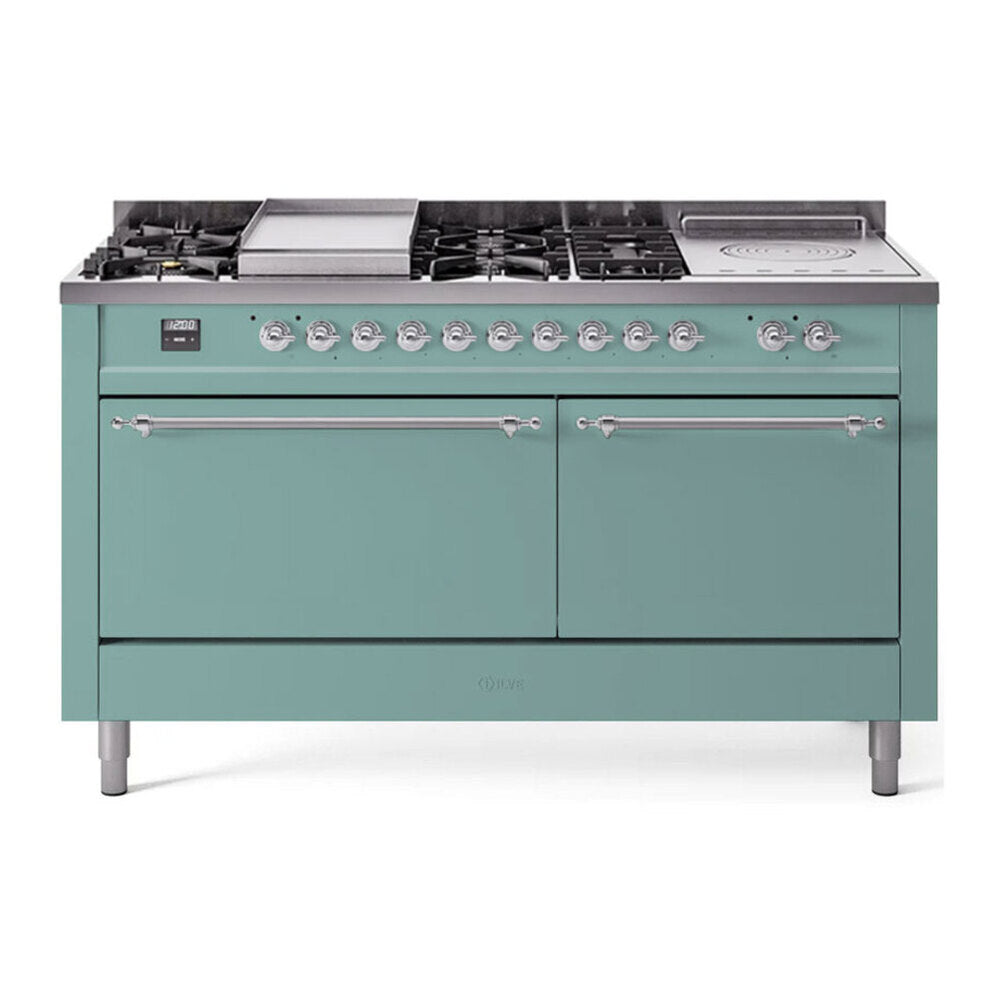 ILVE Nostalgie II 60-Inch Natural Gas Dual Fuel Range with 7 Burners, Griddle, & French Top with Solid Door Oven in Mediterranean Mint with Chrome Trim (UP60FSQNMPMMC)