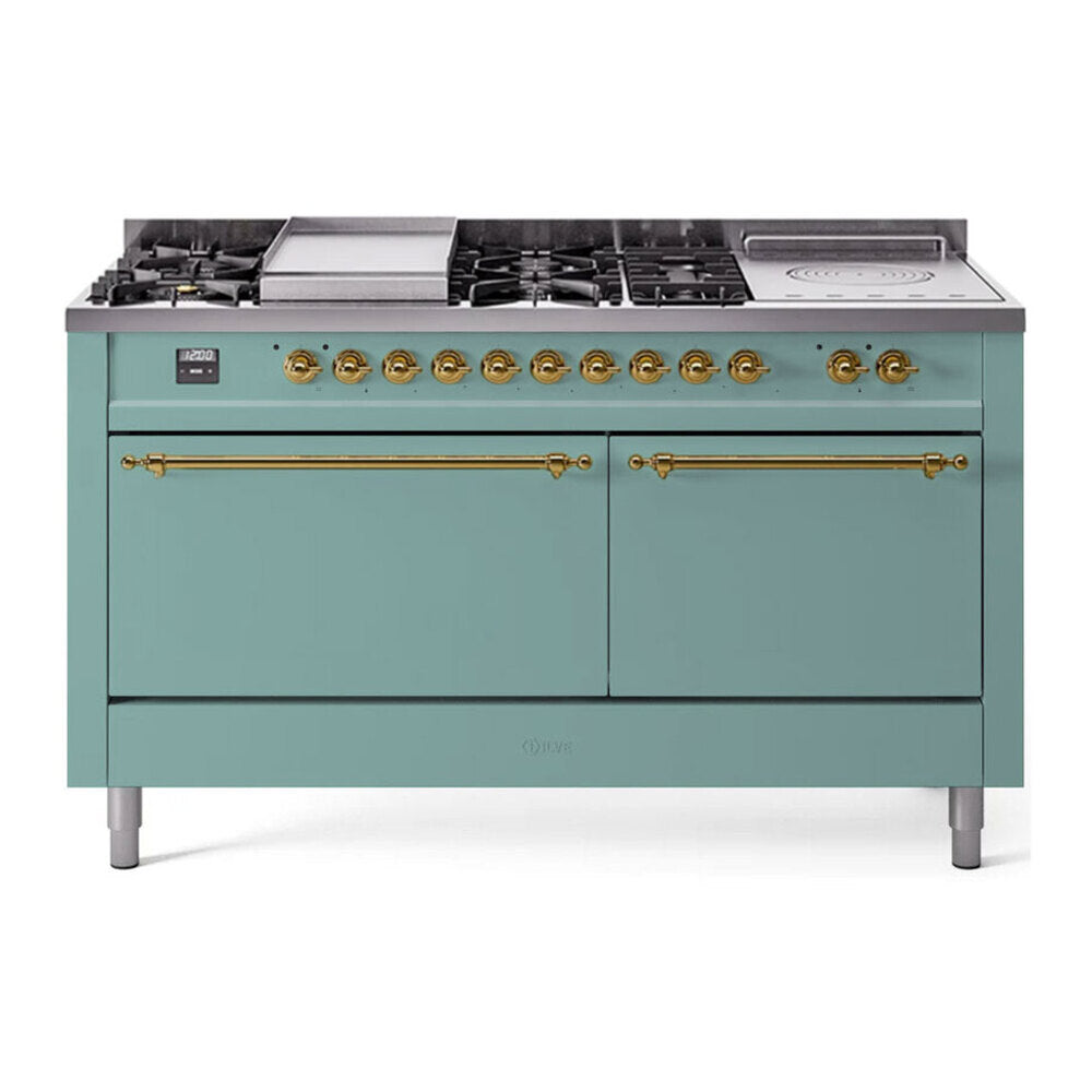 ILVE Nostalgie II 60-Inch Propane Gas Dual Fuel Range with 7 Burners, Griddle, & French Top with Solid Door Oven in Mediterranean Mint with Brass Trim (UP60FSQNMPMMGLP)