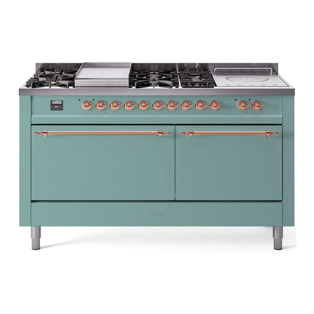 ILVE Nostalgie II 60-Inch Natural Gas Dual Fuel Range with 7 Burners, Griddle, & French Top with Solid Door Oven in Mediterranean Mint with Copper Trim (UP60FSQNMPMMP)