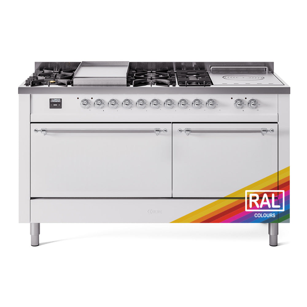 White dual fuel gas range with stainless griddle and French top, front control knobs