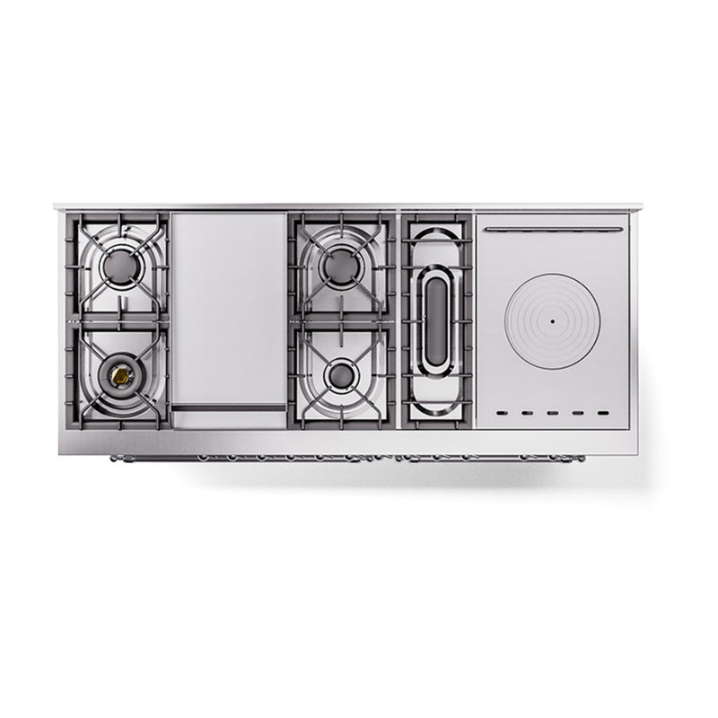 ILVE Nostalgie II 60-Inch Dual Fuel Range with 7 Burners, Griddle, & French Top with Solid Door Oven in Custom RAL with Chrome Trim (UP60FSQNMPRAC)