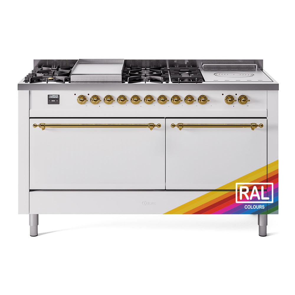 60-inch dual fuel range with French top, burners, griddle, and brass-trimmed doors