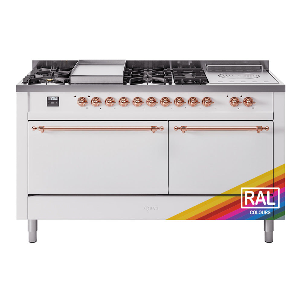 White dual fuel range with copper control trim, burners, and griddle on top