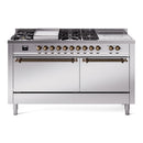 ILVE Nostalgie II 60-Inch Propane Gas Dual Fuel Range with 7 Burners, Griddle, & French Top with Solid Door Oven in Stainless Steel with Bronze Trim (UP60FSQNMPSSBLP)