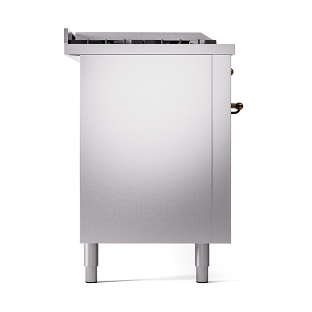 Stainless steel side panel of dual-fuel range with bronze-trim side handle