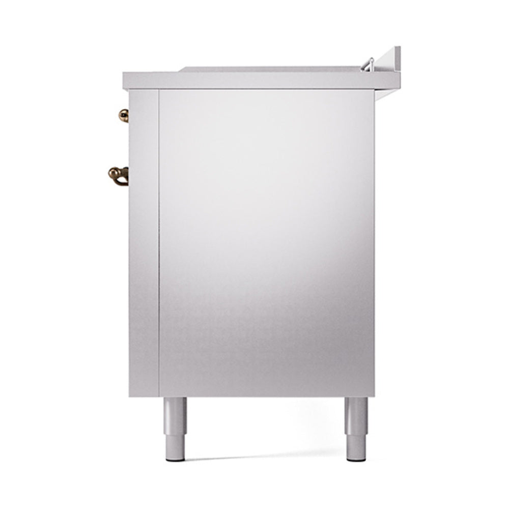 Stainless steel side panel of dual-fuel range with bronze-trim latch and legs
