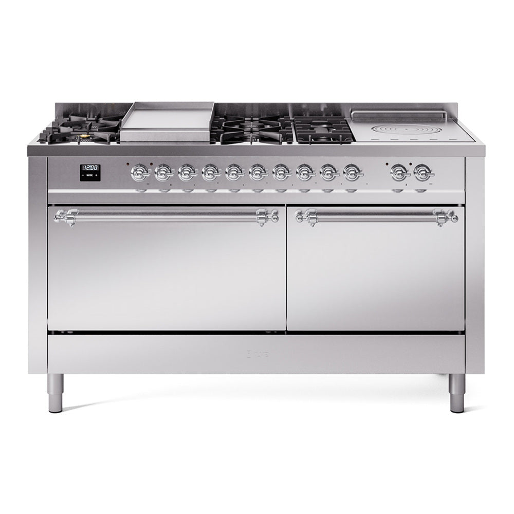 Stainless steel dual fuel gas range with burners, griddle, and French-top section