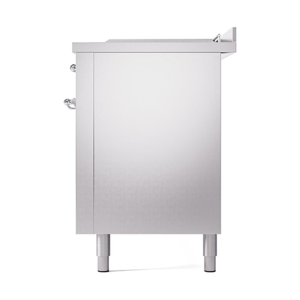 Stainless steel range end panel with solid door and chrome-trim handle