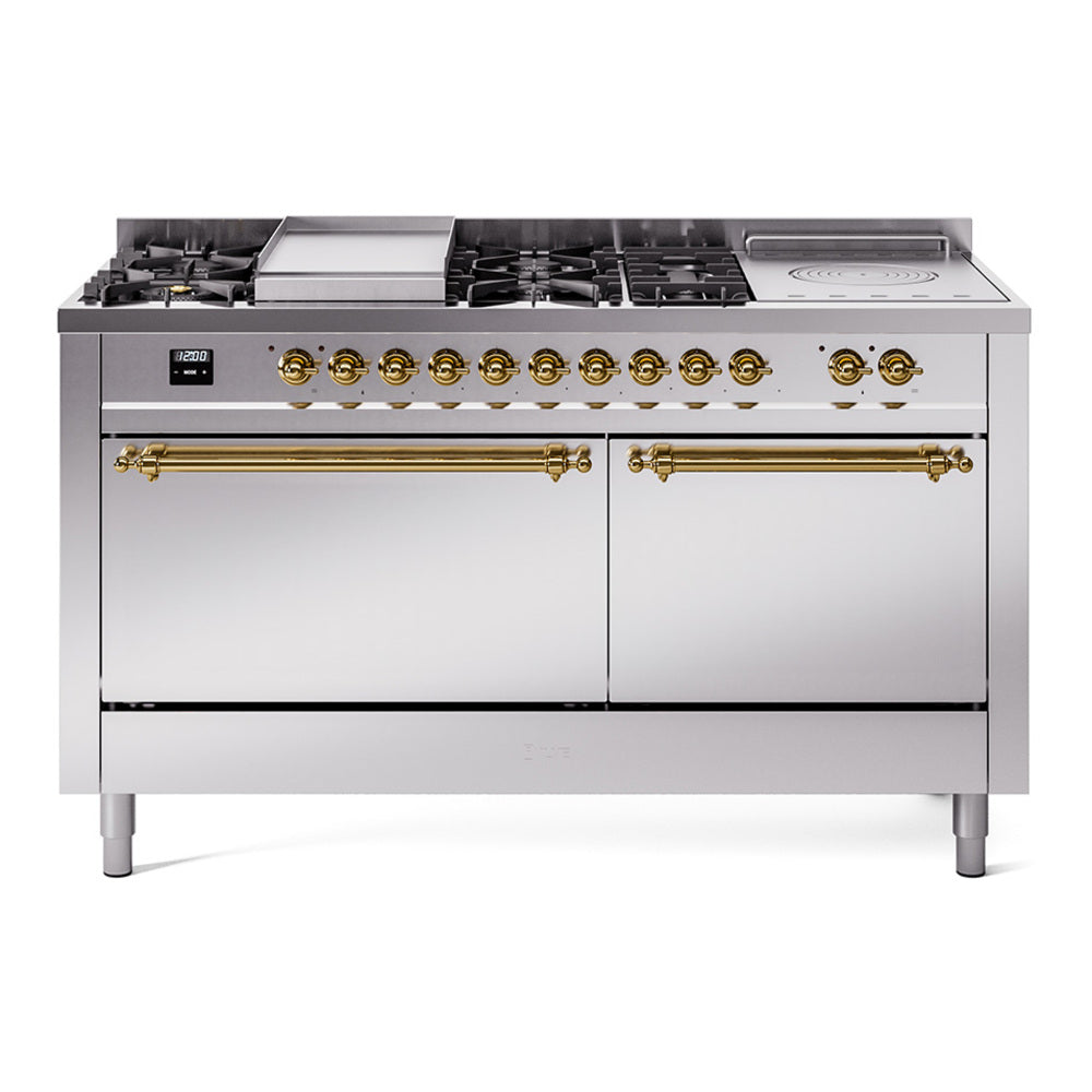 Stainless steel dual-fuel range with burners, griddle, French top, and solid door oven