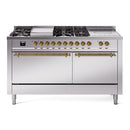 ILVE Nostalgie II 60-Inch Propane Gas Dual Fuel Range with 7 Burners, Griddle, & French Top with Solid Door Oven in Stainless Steel with Brass Trim (UP60FSQNMPSSGLP)