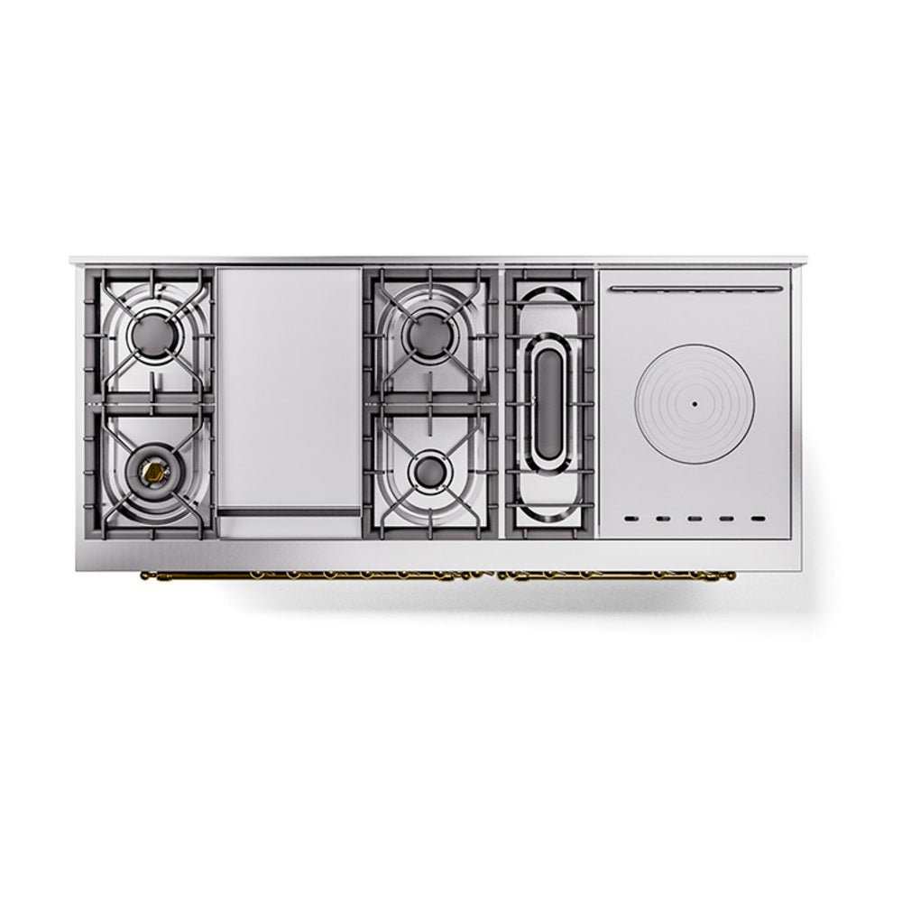 Dual-fuel range cooktop with three burners, grates, and circular French top detail