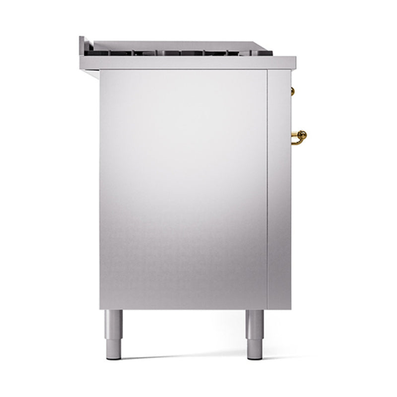 ILVE Nostalgie II 60-Inch Dual Fuel Range with 7 Burners, Griddle, & French Top with Solid Door Oven in Stainless Steel with Brass Trim (UP60FSQNMPSSG)