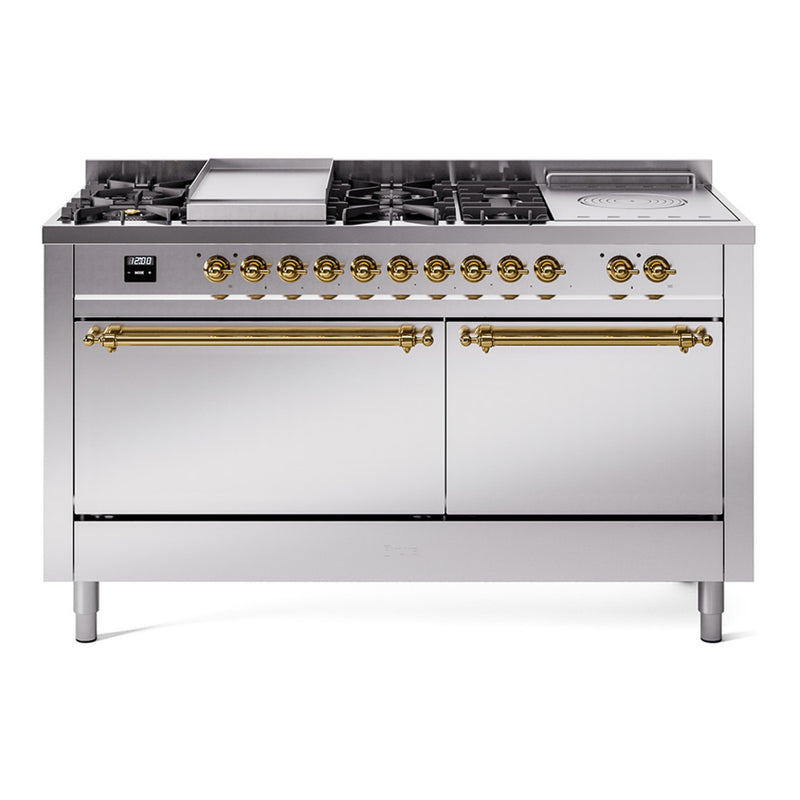 ILVE Nostalgie II 60-Inch Dual Fuel Range with 7 Burners, Griddle, & French Top with Solid Door Oven in Stainless Steel with Brass Trim (UP60FSQNMPSSG)