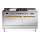 ILVE Nostalgie II 60-Inch Natural Gas Dual Fuel Range with 7 Burners, Griddle, & French Top with Solid Door Oven in Stainless Steel with Brass Trim (UP60FSQNMPSSG)
