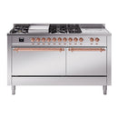 ILVE Nostalgie II 60-Inch Propane Gas Dual Fuel Range with 7 Burners, Griddle, & French Top with Solid Door Oven in Stainless Steel with Copper Trim (UP60FSQNMPSSPLP)