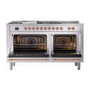 ILVE Nostalgie II 60-Inch Propane Gas Dual Fuel Range with 7 Burners, Griddle, & French Top with Solid Door Oven in Stainless Steel with Copper Trim (UP60FSQNMPSSPLP)