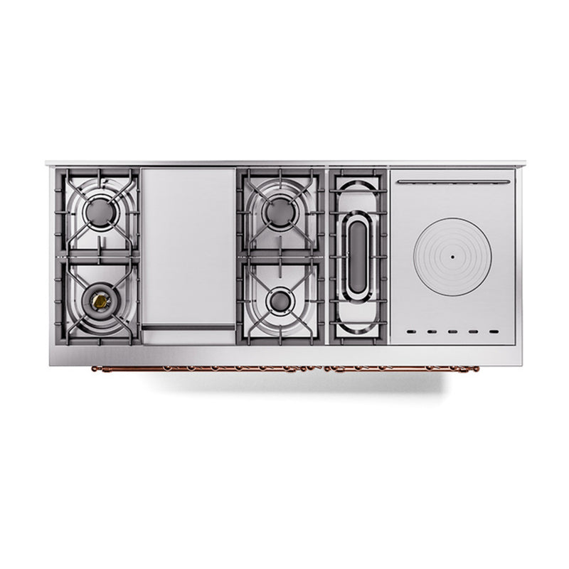 ILVE Nostalgie II 60-Inch Dual Fuel Range with 7 Burners, Griddle, & French Top with Solid Door Oven in Stainless Steel with Copper Trim (UP60FSQNMPSSP)