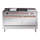 ILVE Nostalgie II 60-Inch Natural Gas Dual Fuel Range with 7 Burners, Griddle, & French Top with Solid Door Oven in Stainless Steel with Copper Trim (UP60FSQNMPSSP)