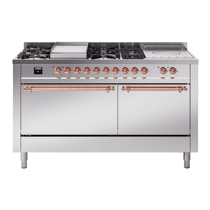 ILVE Nostalgie II 60-Inch Dual Fuel Range with 7 Burners, Griddle, & French Top with Solid Door Oven in Stainless Steel with Copper Trim (UP60FSQNMPSSP)