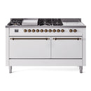 ILVE Nostalgie II 60-Inch Natural Gas Dual Fuel Range with 7 Burners, Griddle, & French Top with Solid Door Oven in White with Bronze Trim (UP60FSQNMPWHB)