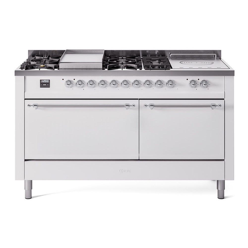 White dual-fuel gas range with griddle, French top, and two oven doors, chrome trim