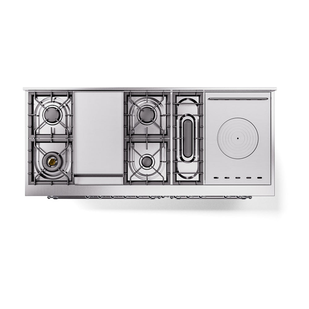 White range cooking section with four burners and a round plate control area