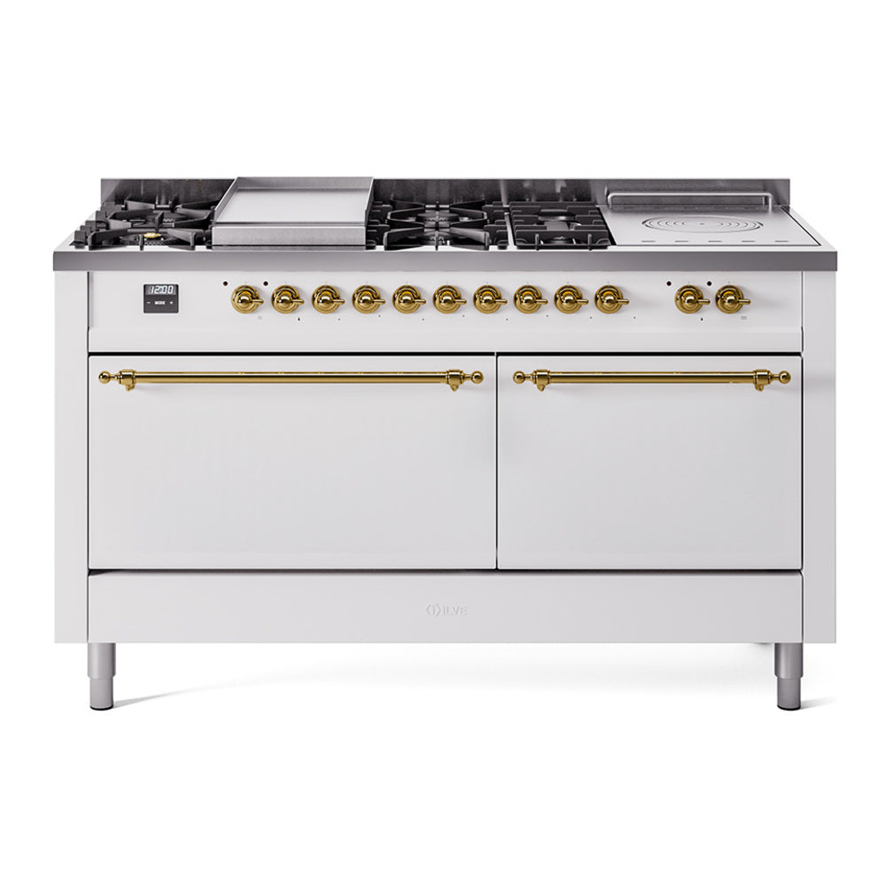 White dual-fuel range with brass trim, griddle, and french-top burner section