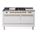 ILVE Nostalgie II 60-Inch Natural Gas Dual Fuel Range with 7 Burners, Griddle, & French Top with Solid Door Oven in White with Brass Trim (UP60FSQNMPWHG)
