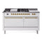 ILVE Nostalgie II 60-Inch Natural Gas Dual Fuel Range with 7 Burners, Griddle, & French Top with Solid Door Oven in White with Brass Trim (UP60FSQNMPWHG)