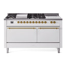 ILVE Nostalgie II 60-Inch Propane Gas Dual Fuel Range with 7 Burners, Griddle, & French Top with Solid Door Oven in White with Brass Trim (UP60FSQNMPWHGLP)