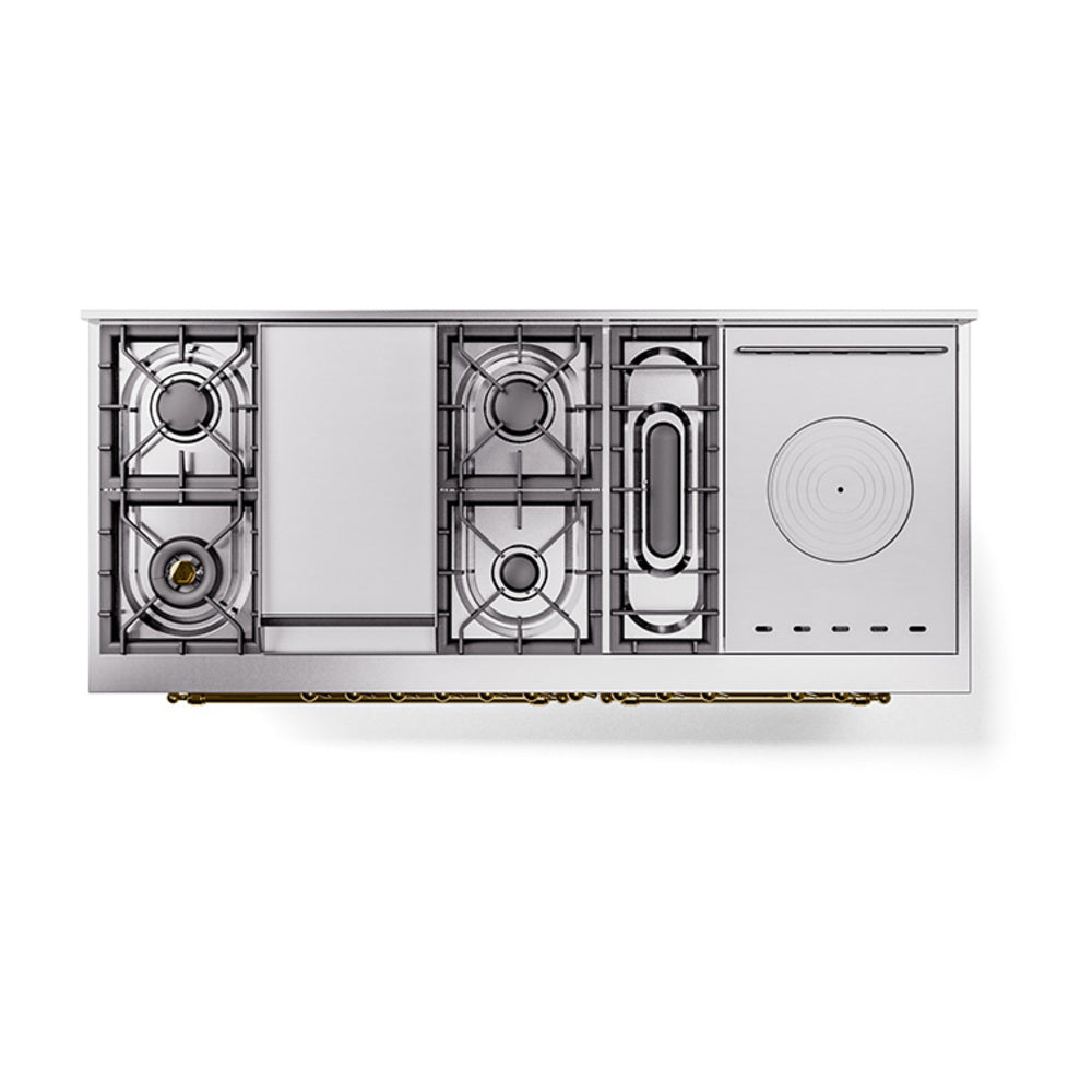 White cooktop with burners, griddle, and French-top plate with brass details.
