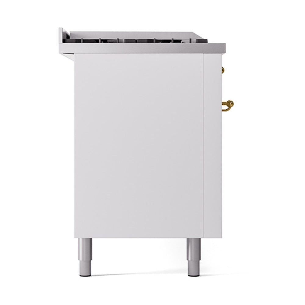 White side panel of dual-fuel range with brass-trim hardware and raised feet.