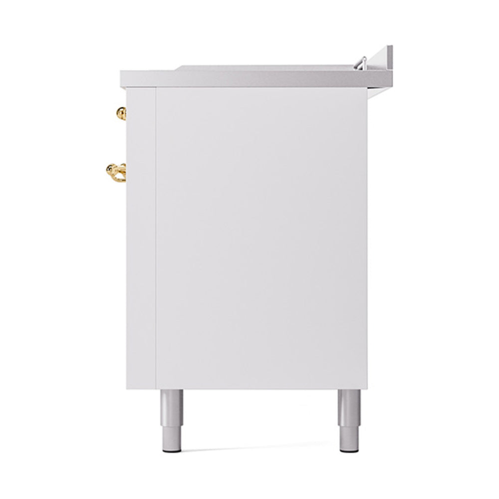 White dual-fuel range body with brass handle accents and four leveling feet.