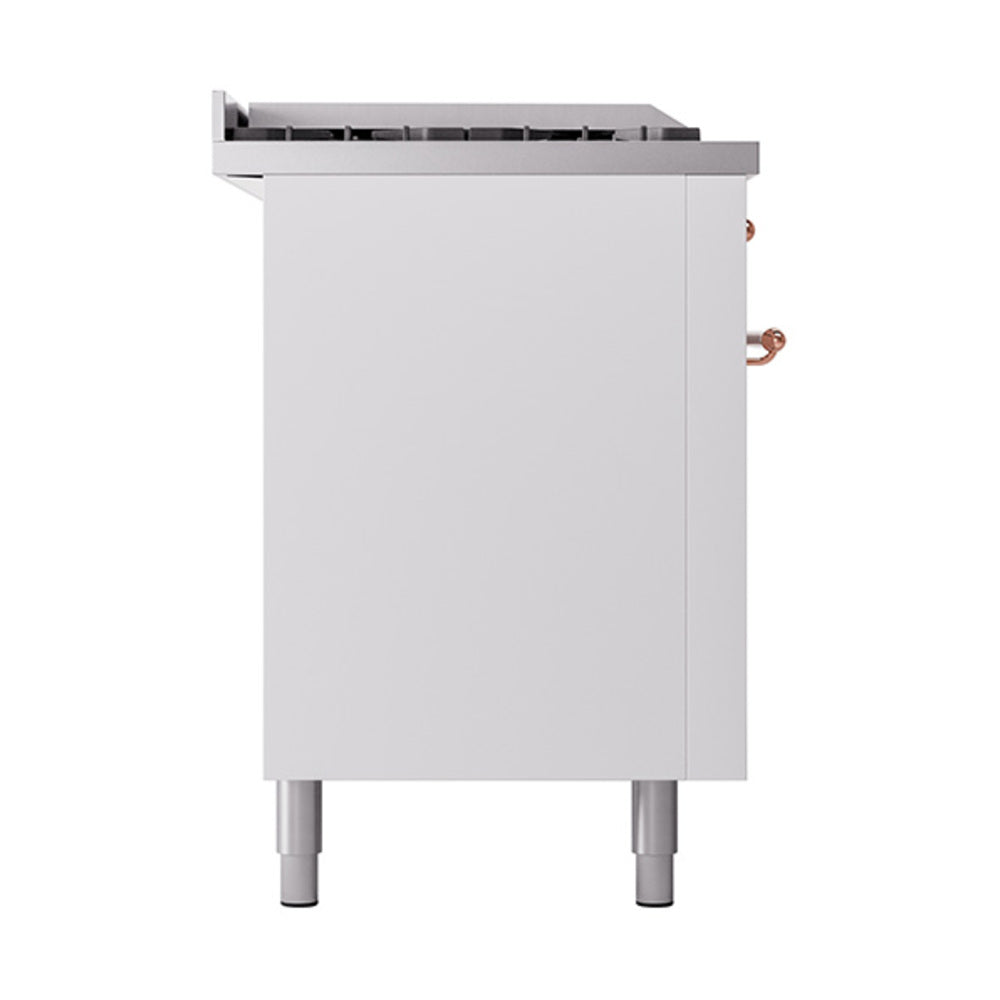 White range side panel with copper-trimmed controls and open top grille area