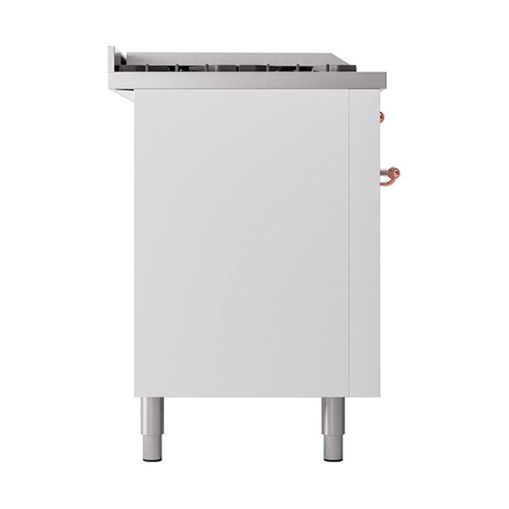 ILVE white range solid oven door with copper-trim handle and four leveling legs