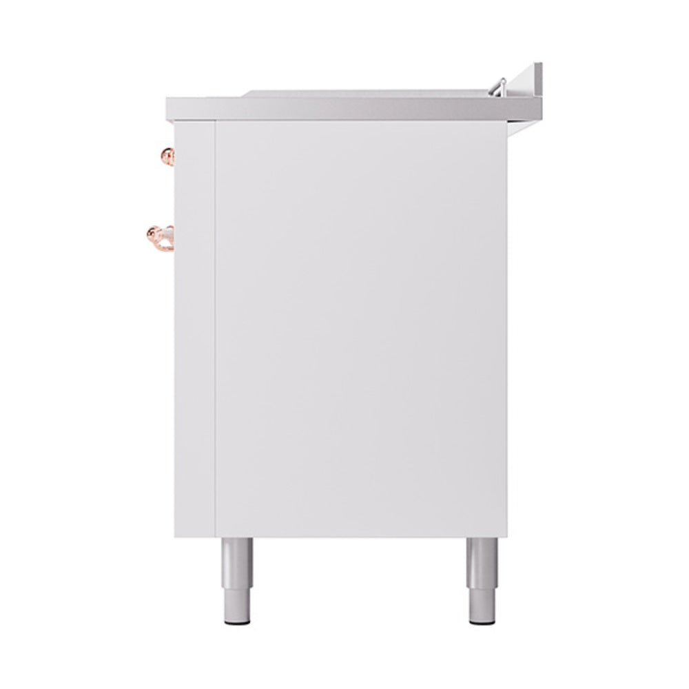 ILVE white range side view with recessed front panel and copper-trim handle
