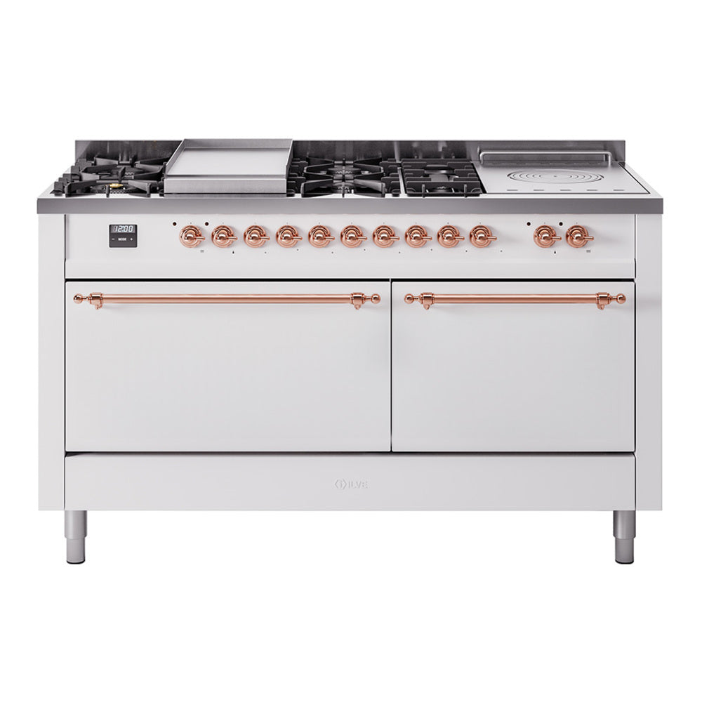 ILVE white dual fuel range with French top, griddle, and copper-trim control knobs
