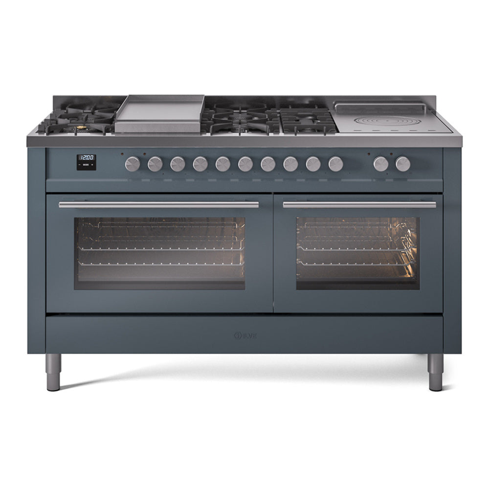 Blue-grey dual fuel gas range with multiple burners, griddle, and two glass-door ovens