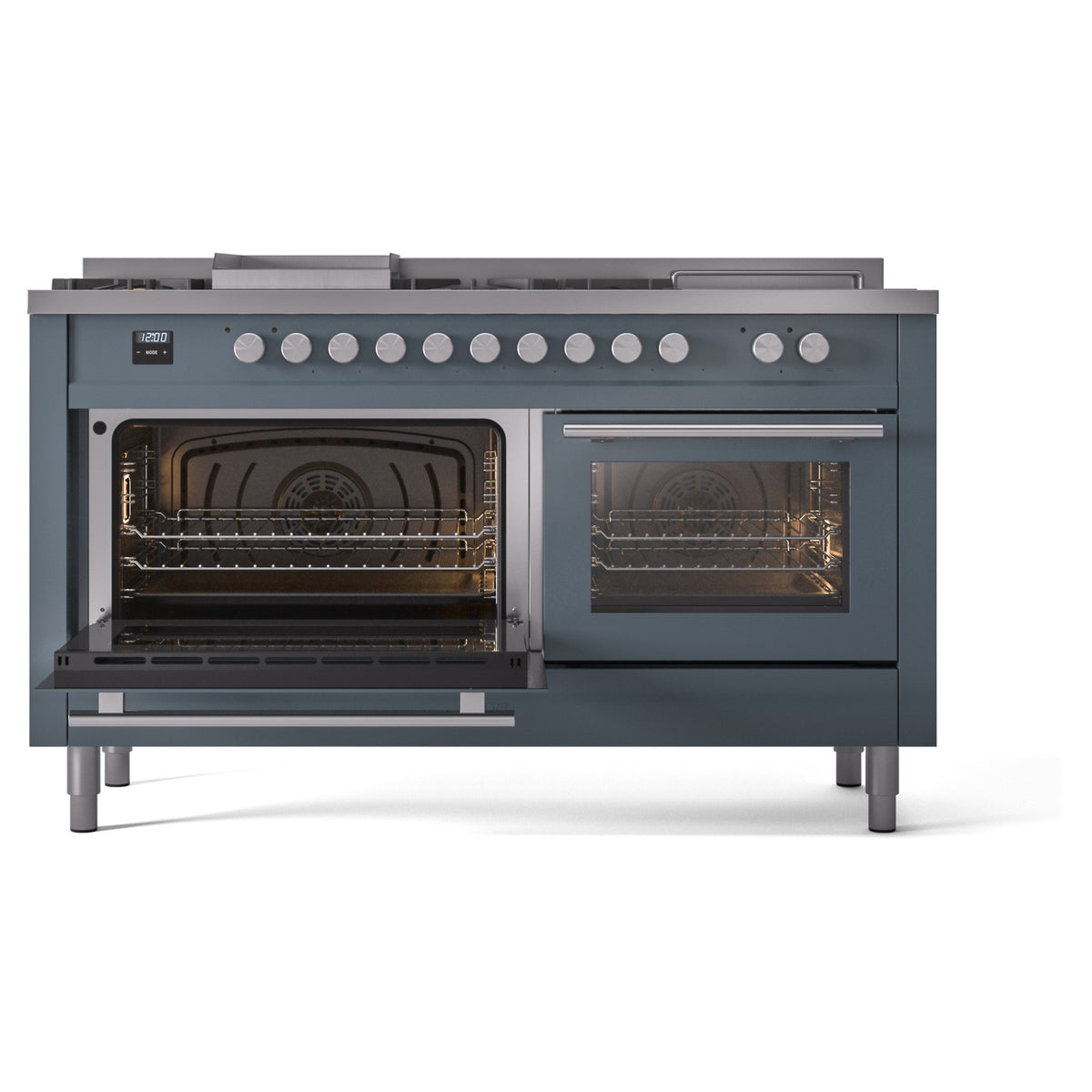 Blue-grey dual fuel range with left oven door open and right oven door closed, control panel across top