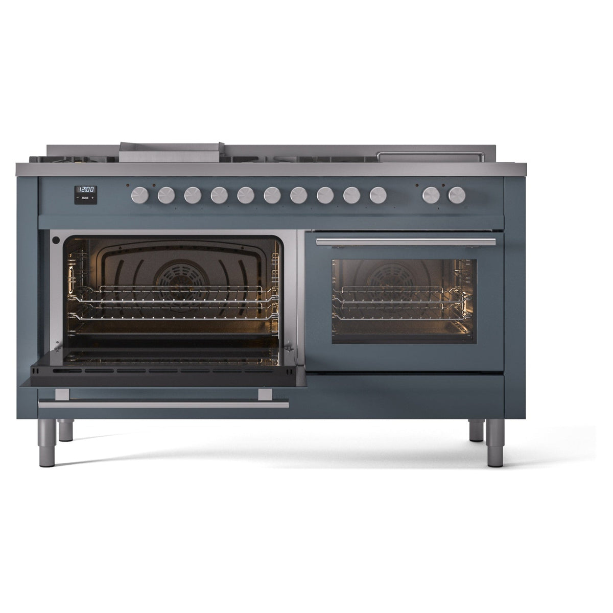 Blue grey dual-fuel range with left oven door open and right oven door closed