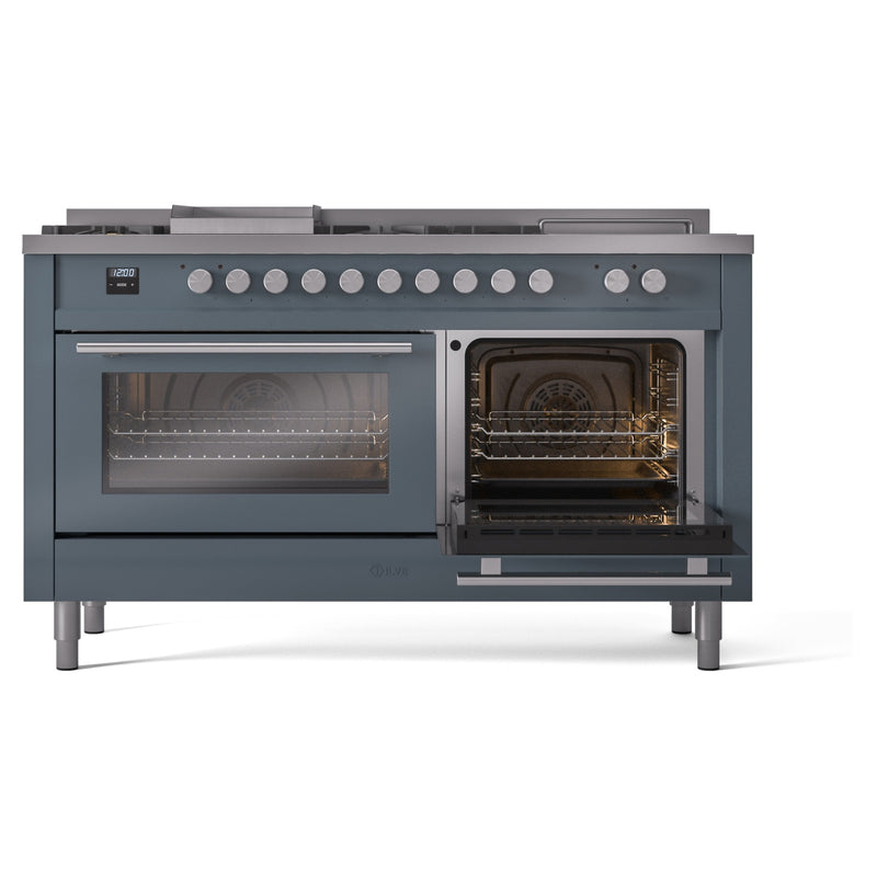 ILVE Professional Plus II 60-Inch Dual Fuel Range with 7 Burners, Griddle, & French Top with Triple Glass Door Oven in Blue Grey (UP60FSWMPBG)