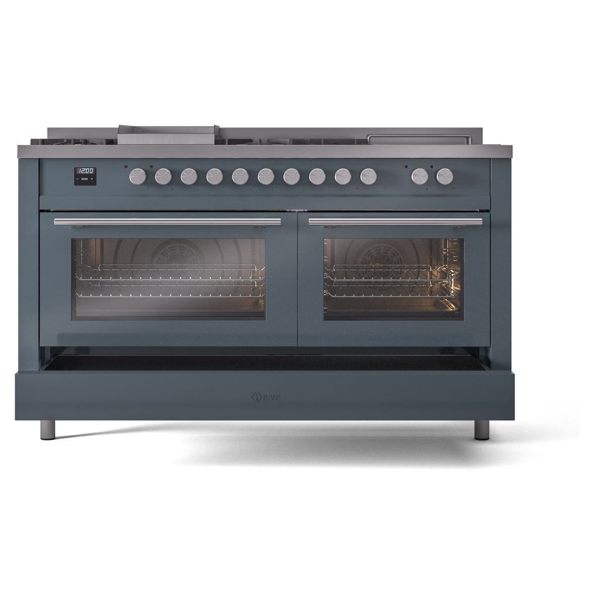 Blue-grey dual fuel range with both oven doors open, front view showing control knobs and handles