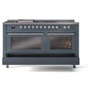 ILVE Professional Plus II 60-Inch Propane Gas Dual Fuel Range with 7 Burners, Griddle, & French Top with Triple Glass Door Oven in Blue Grey (UP60FSWMPBGLP)
